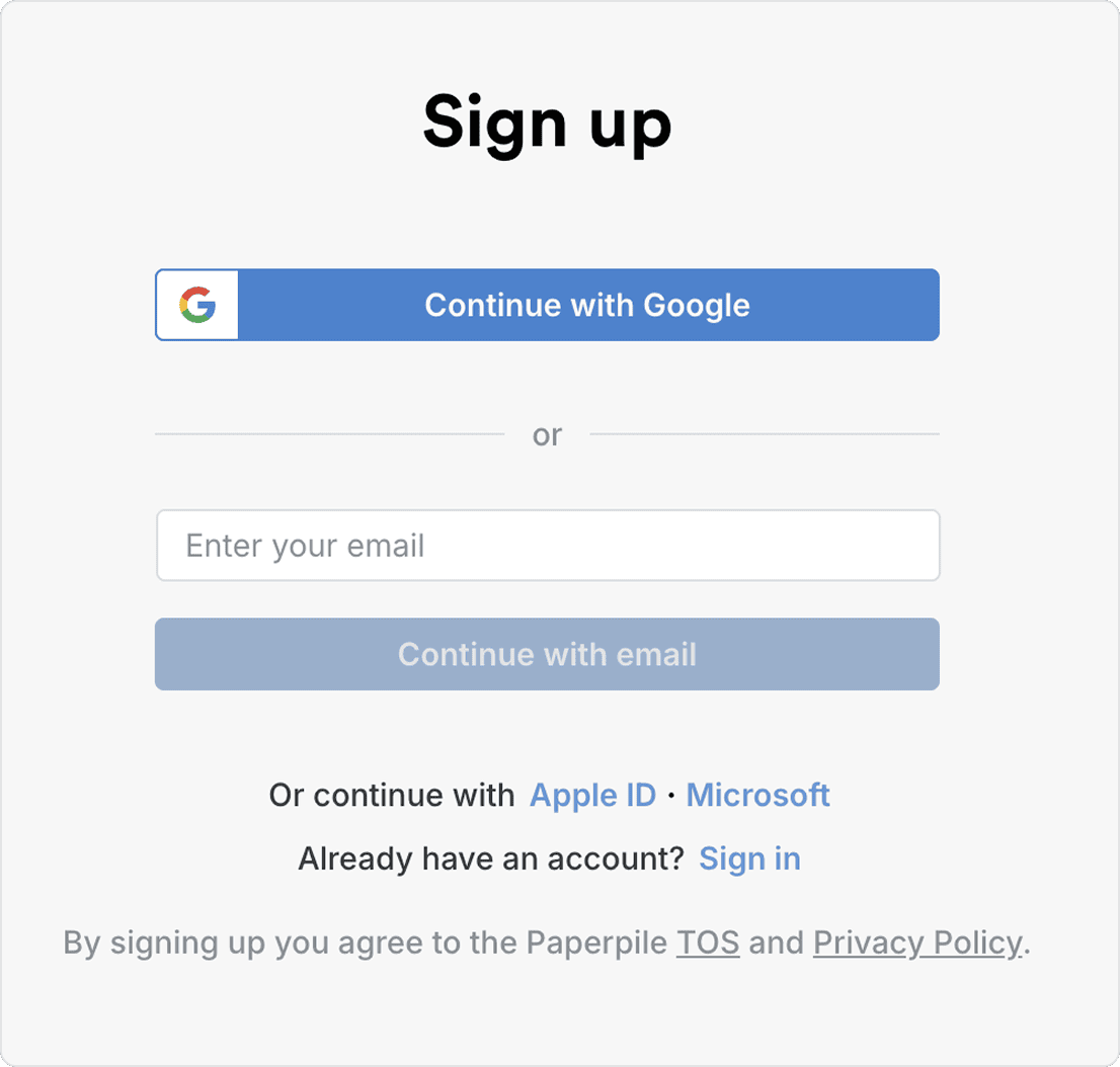 The Paperpile sign-up page with a “Continue with Google” button, an email field and “Continue with email”, plus Apple ID and Microsoft options, a “Sign in” link and TOS and Privacy Policy links.
